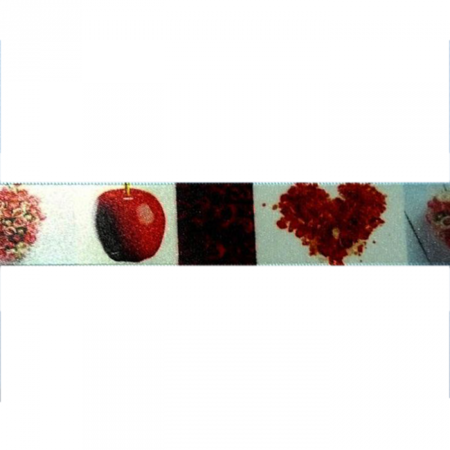 Foto de Cinta raso corazones y manzanas roja 25mm